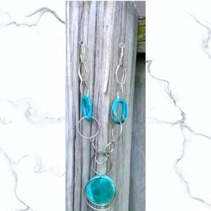 Statement Necklace Turquoise Blue and Silver Colors with Length Extender